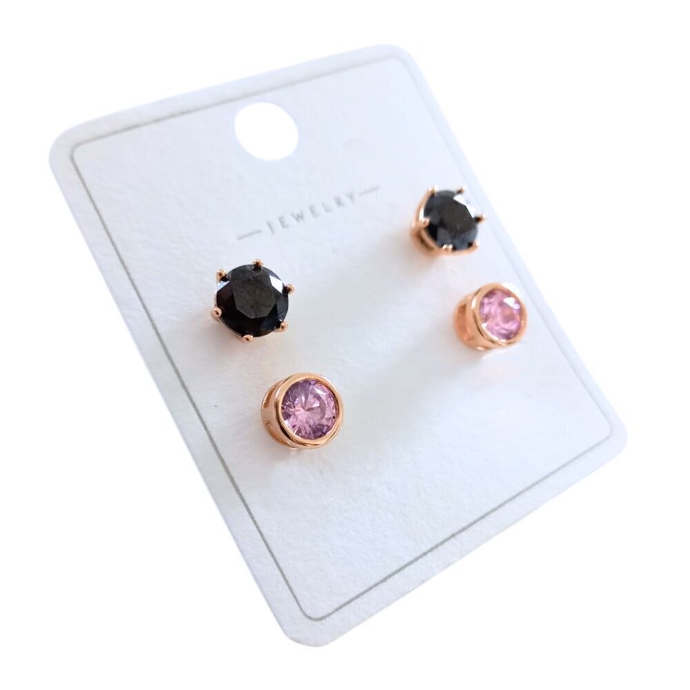 🖤💗 Set of 2 Pairs of Rose Gold Plated Stud Earrings – Black and Pink Crystals